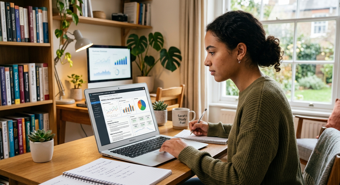 Modern online learning environment showing a student studying business management and computing on a laptop, with digital dashboards, data visualizations, and business charts displayed on screen, warm home office setting with natural light