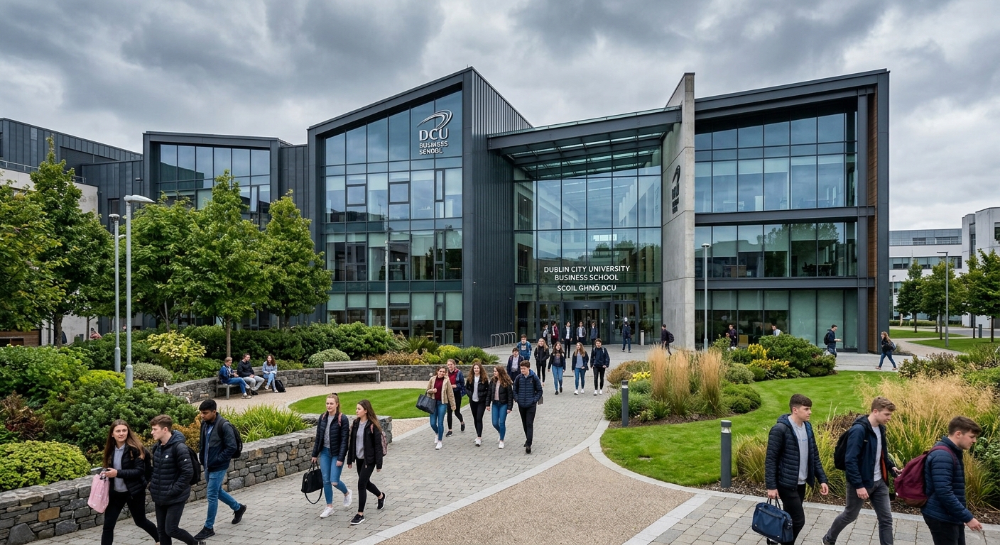 Modern DCU Business School building on Glasnevin campus in Dublin, Ireland, with students walking through a landscaped courtyard, contemporary glass and steel architecture, overcast Irish sky