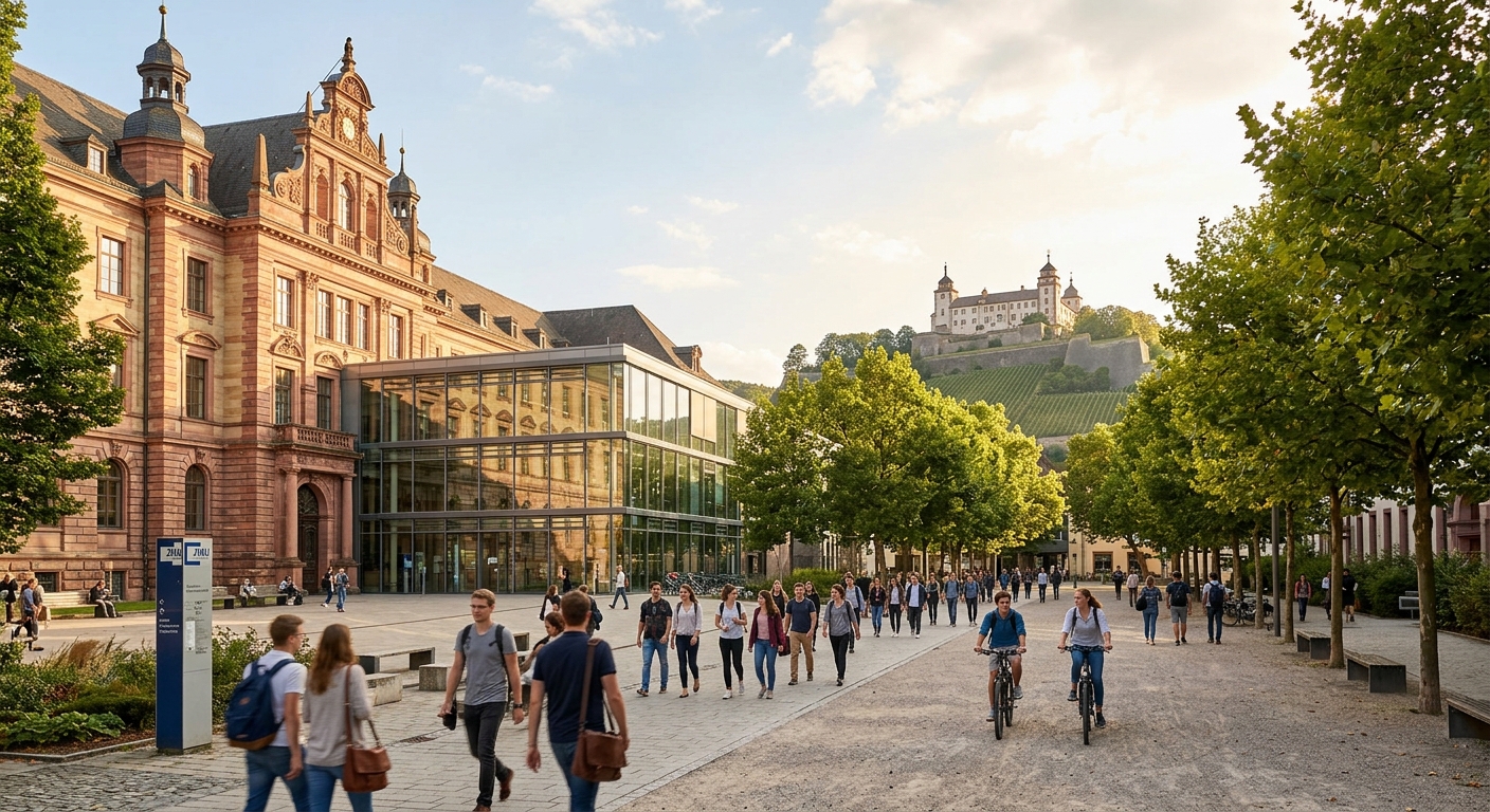 Historic University of Würzburg campus building with modern glass extensions, students walking through tree-lined courtyard, Marienberg Fortress visible on hilltop in background, warm Bavarian sunlight