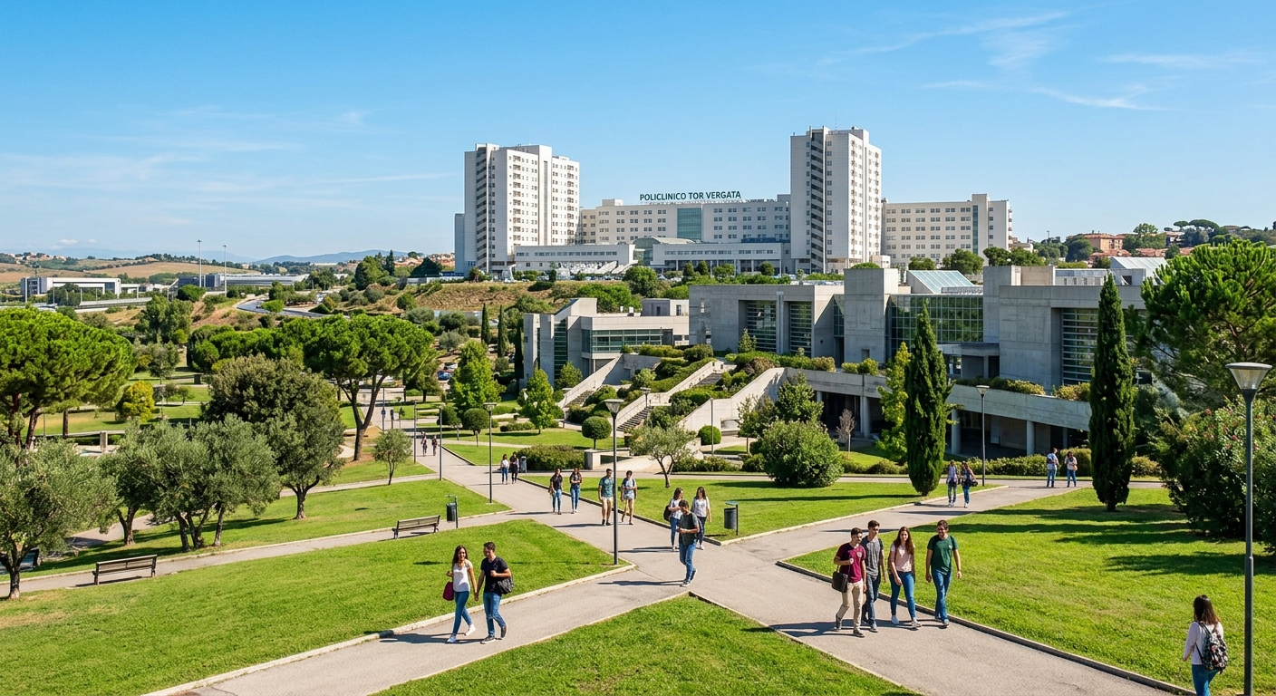 University of Rome Tor Vergata modern campus with the Policlinico Tor Vergata university hospital in the background, green parkland, students walking along pathways, Mediterranean architecture under a clear Roman sky