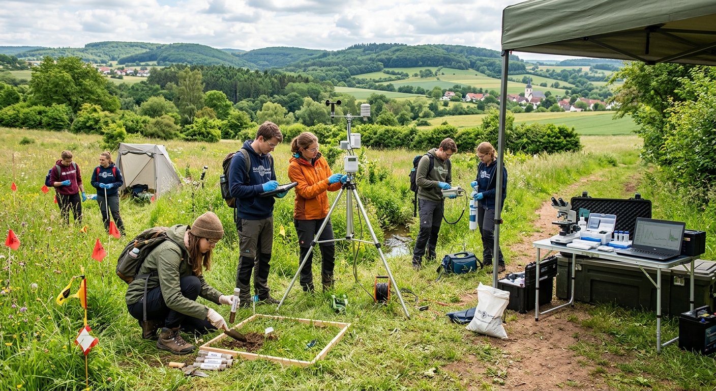 Lush green ecosystem field research site with students collecting environmental data samples, rolling hills of Hesse Germany in background, modern university laboratory equipment visible, bright natural daylight