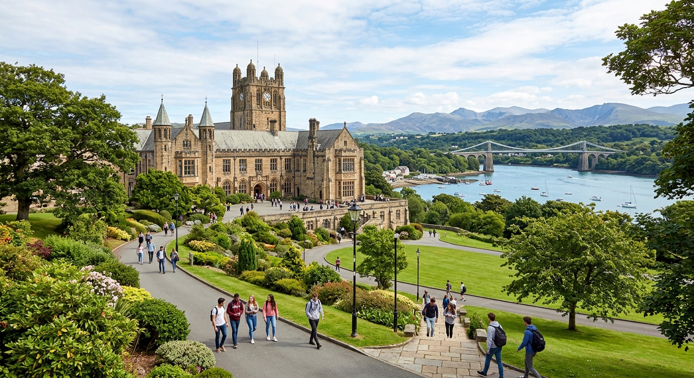 Bangor University campus with the historic Main Arts building, surrounded by lush greenery with Snowdonia mountains in the background and the Menai Strait visible, students walking along pathways on a bright day