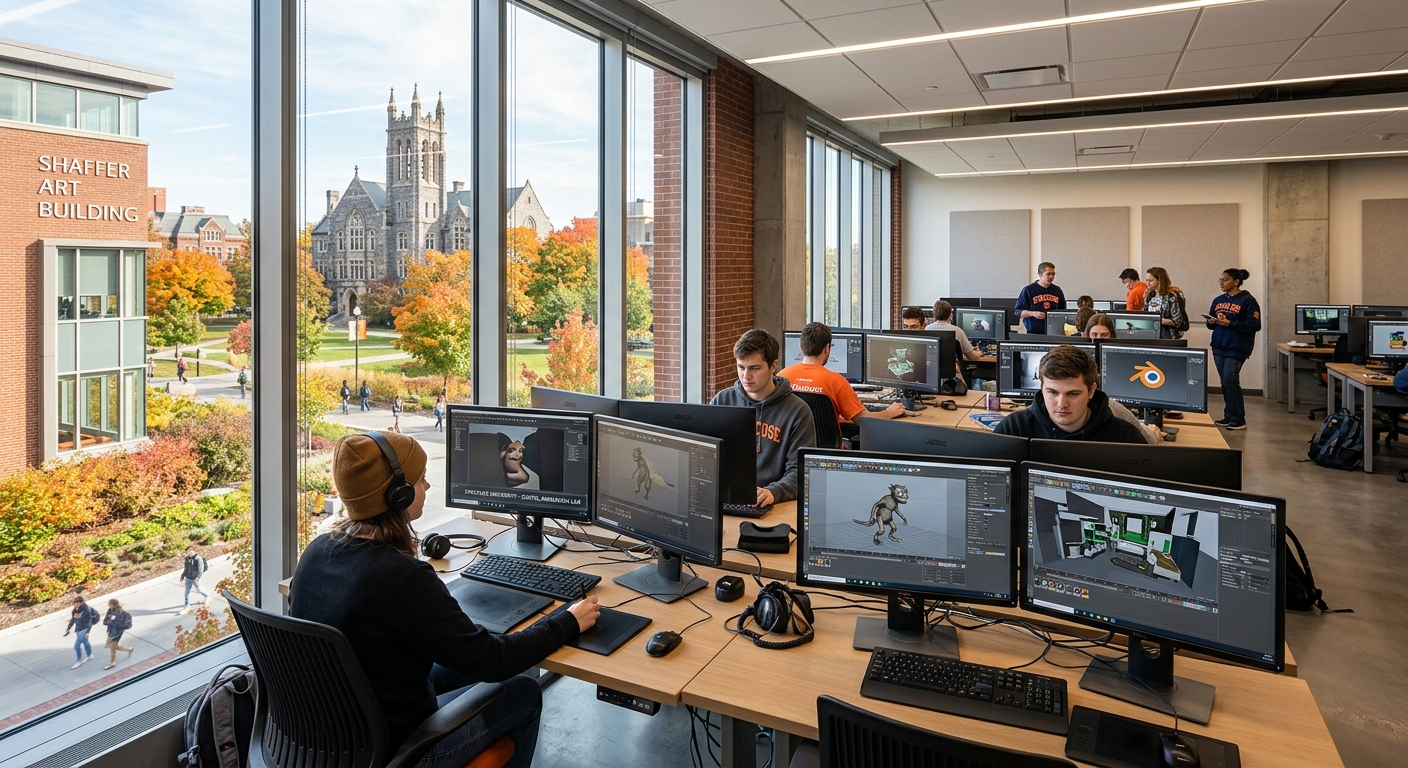 Syracuse University campus with Shaffer Art Building, students working on digital art projects in a modern computer lab with multiple monitors displaying 3D animation, warm autumn foliage visible through large windows