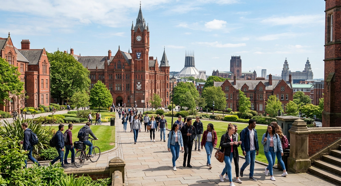 University of Liverpool redbrick campus with the iconic Victoria Building, students walking through the grounds on a sunny day, Liverpool city skyline in the background