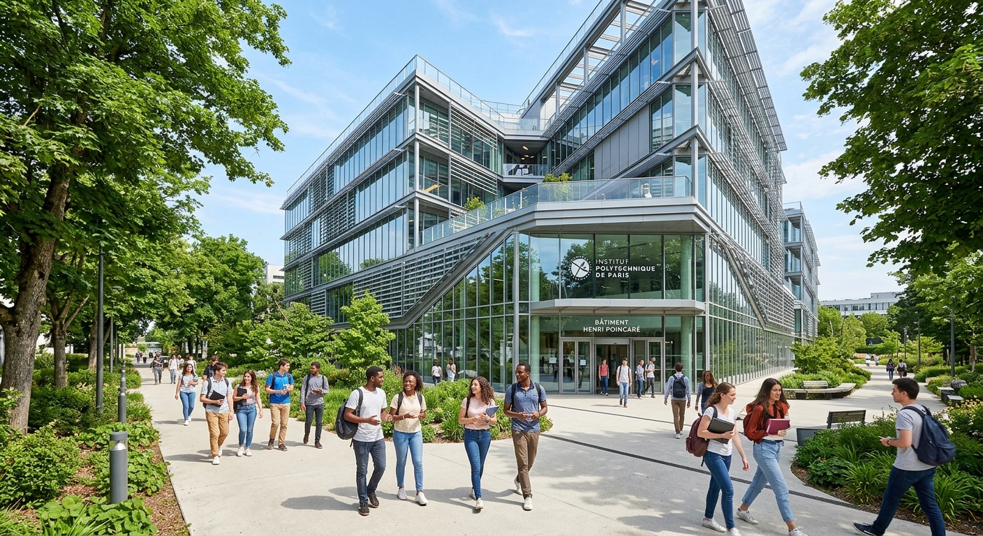Modern academic building at Institut Polytechnique de Paris campus, glass and steel architecture, students walking along tree-lined pathways, bright daylight