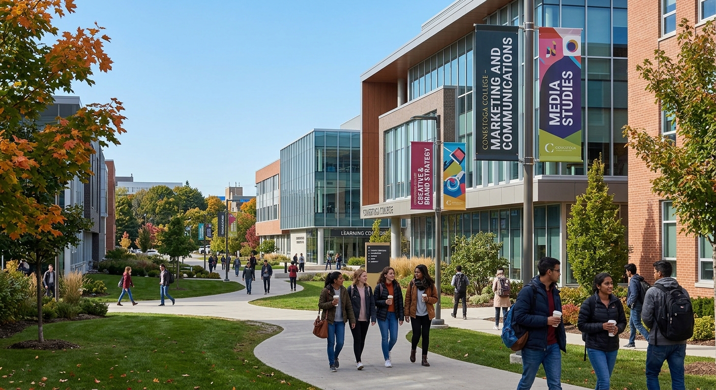 Modern college campus in Kitchener Ontario Canada, students walking between contemporary buildings, green landscaped grounds, clear sky, marketing and communications program banners visible