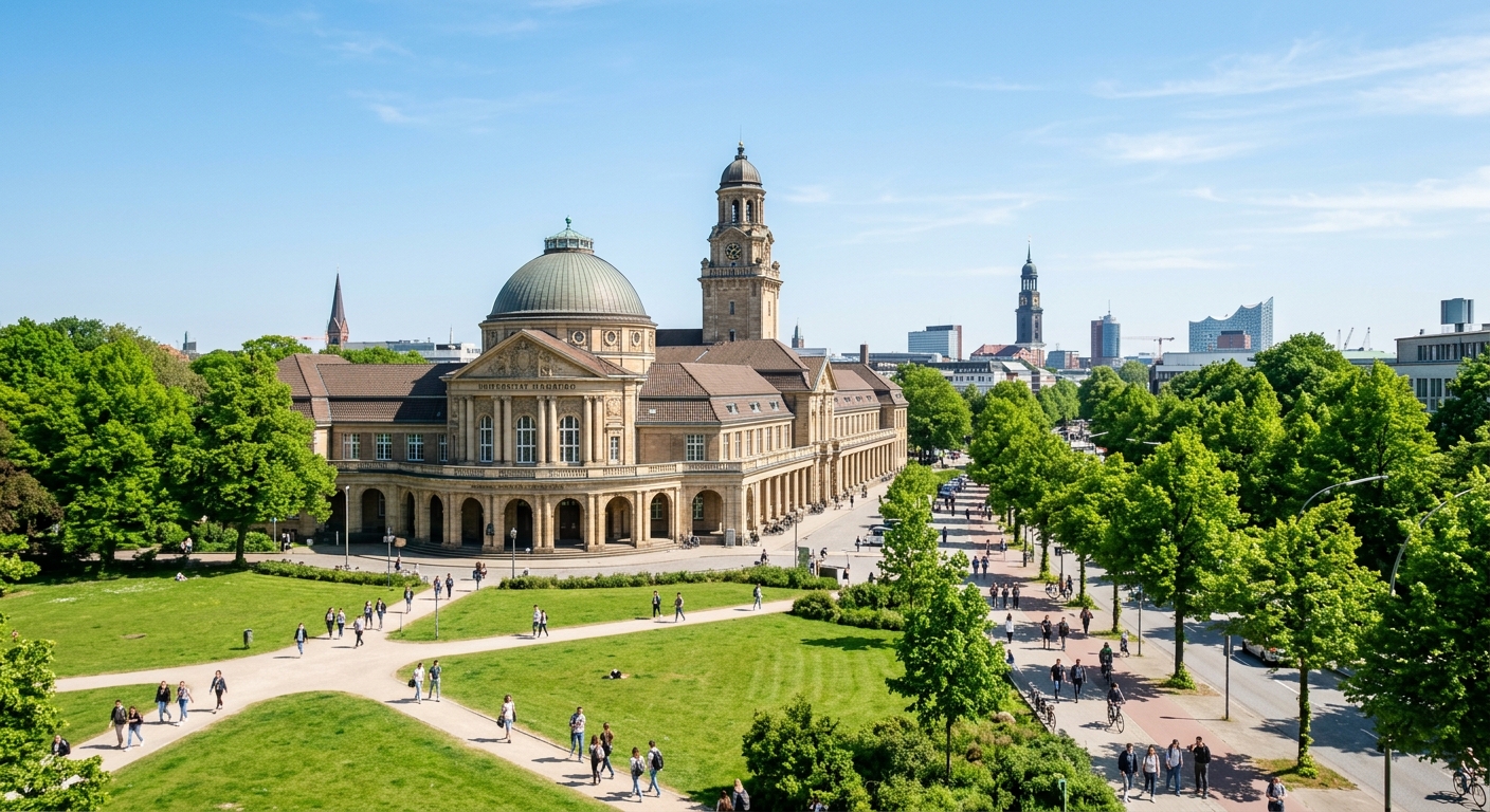 University of Hamburg main building with Neo-Baroque dome and colonnade on Edmund-Siemers-Allee, green trees lining the boulevard, students walking across the Moorweide park, Hamburg cityscape in background, clear sky