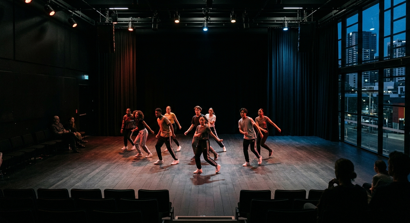 Modern performing arts conservatory in Brisbane CBD, students rehearsing on a professional stage with dramatic lighting, performance space with black box theatre setup, urban creative campus environment