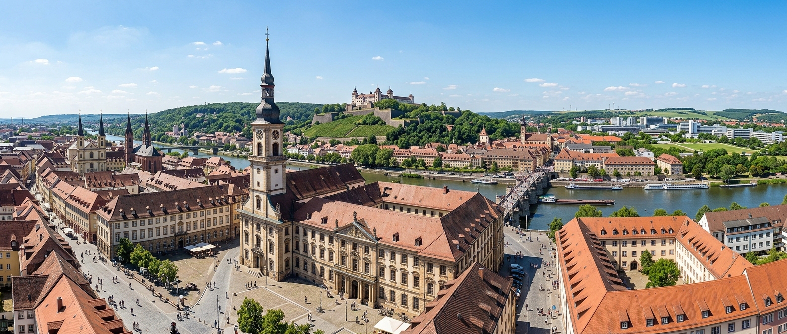 Panoramic view of the University of Würzburg campus with the historic Old University building and Neubaukirche tower in the foreground, the Marienberg Fortress on the hill across the Main River, baroque architecture, and the Hubland campus visible in the background under clear blue skies