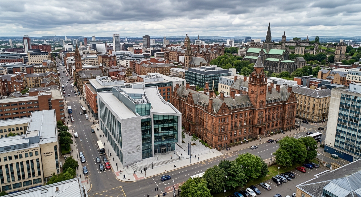 University of Strathclyde John Anderson Campus aerial view, Glasgow city centre, modern glass Technology and Innovation Centre alongside historic Royal College Building, George Street, Scottish urban skyline with cathedral in background, overcast sky
