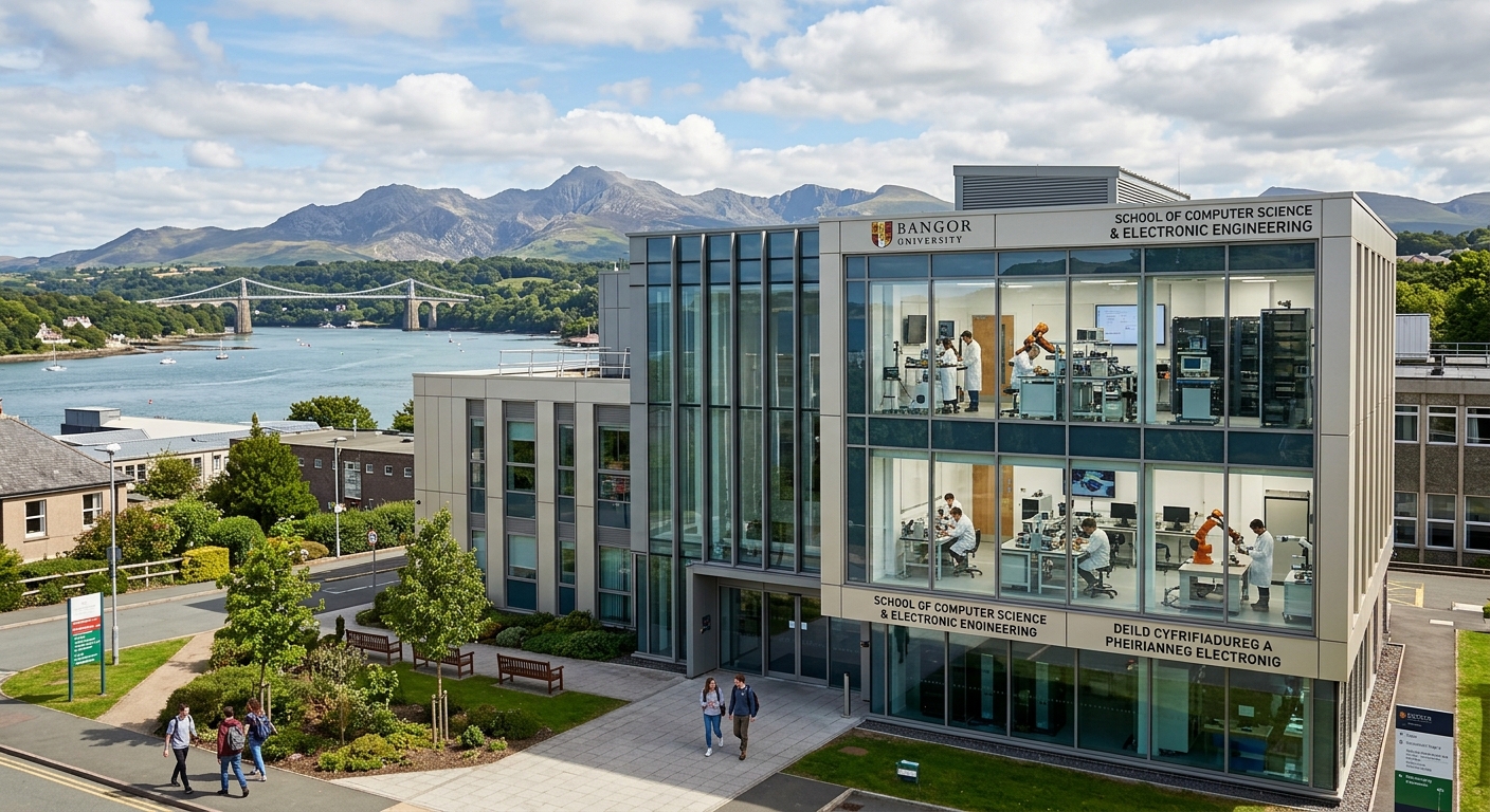 Bangor University campus with the School of Computer Science and Electronic Engineering building, modern laboratory equipment visible through windows, set against the dramatic backdrop of Snowdonia mountains and the Menai Strait in North Wales