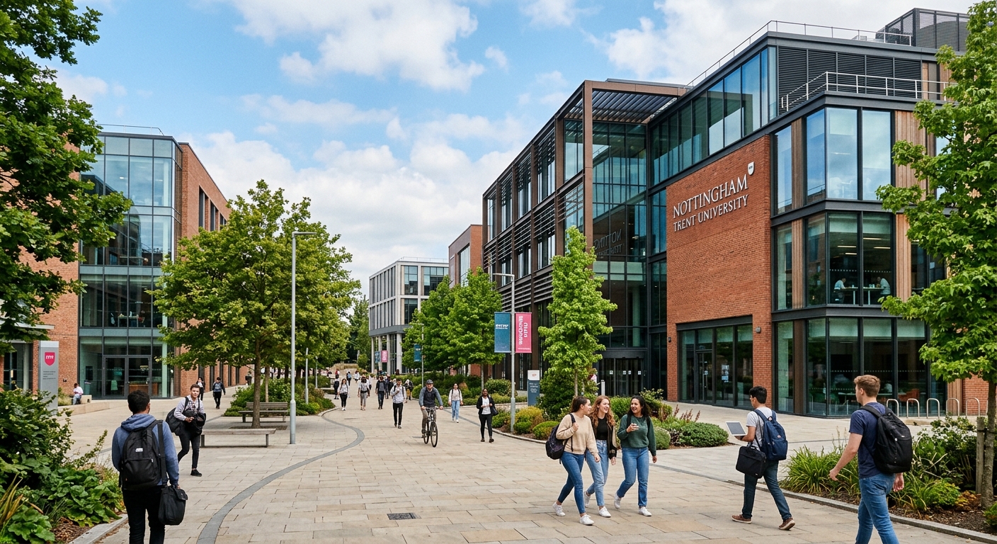Modern university campus building at Nottingham Trent University with students walking through a tree-lined courtyard, contemporary glass and brick architecture, blue sky with scattered clouds