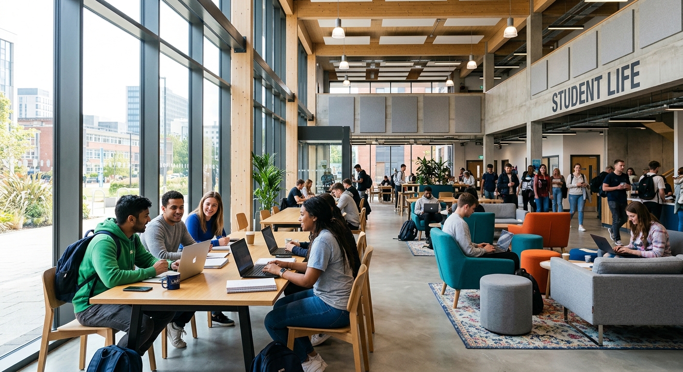 LJMU Student Life Building interior, bright open-plan social space with modern furniture, students studying and socialising, large windows with natural light