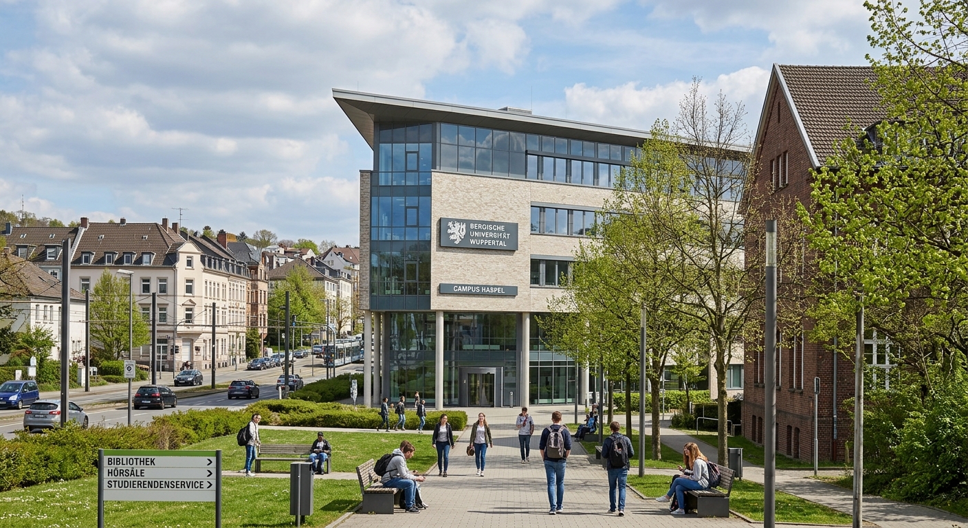 University of Wuppertal Haspel campus building, modern educational facility in Unterbarmen district, urban setting with green areas