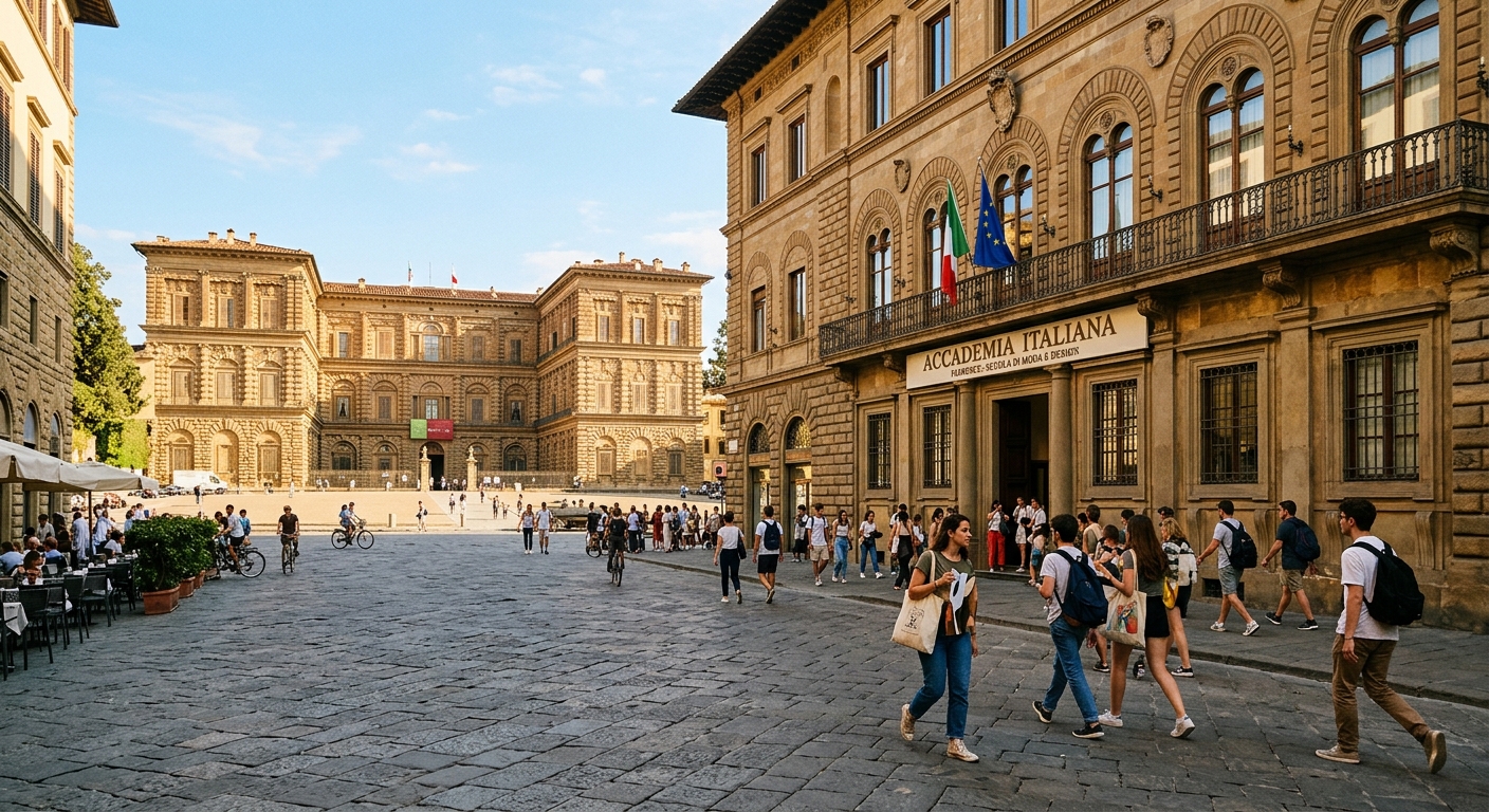 Accademia Italiana Florence campus at Piazza Pitti, historic Renaissance building with ornate facade, Pitti Palace visible across the square, warm Tuscan sunlight, students walking along cobblestone streets