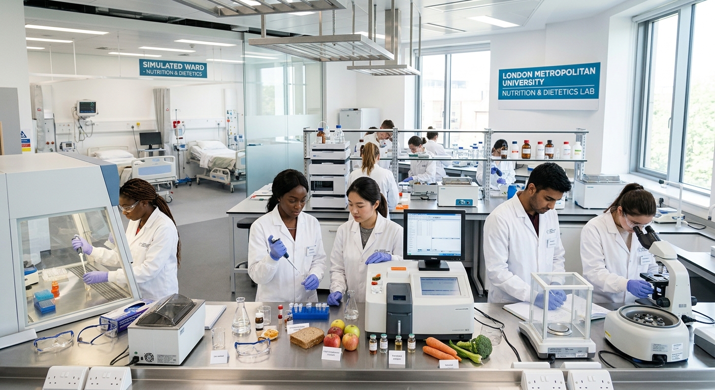 Modern university science laboratory with nutrition and dietetics equipment, students in white lab coats analyzing food samples, bright clinical environment with simulated ward facilities at London Metropolitan University