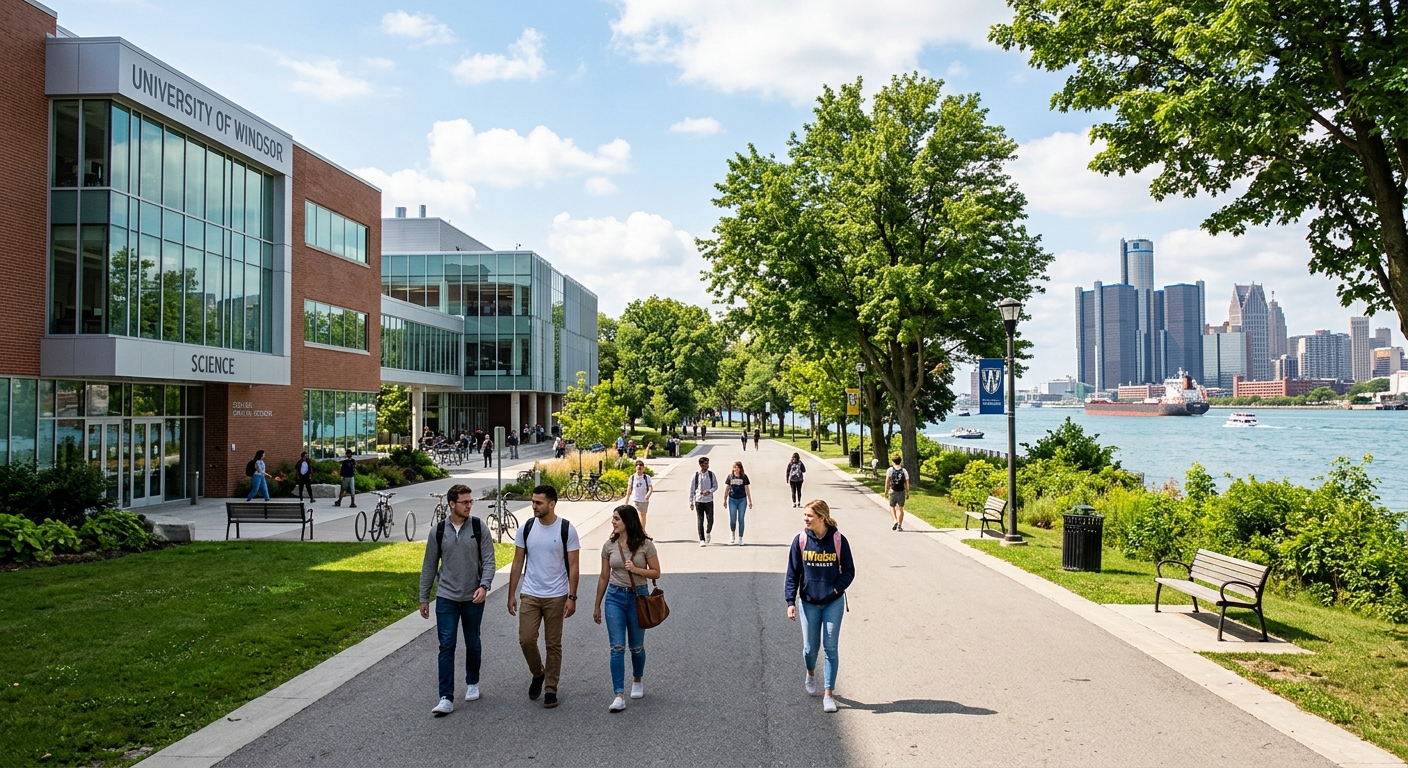 University of Windsor campus with modern science buildings, students walking along tree-lined paths near the Detroit River waterfront, bright sunny day in Windsor Ontario Canada