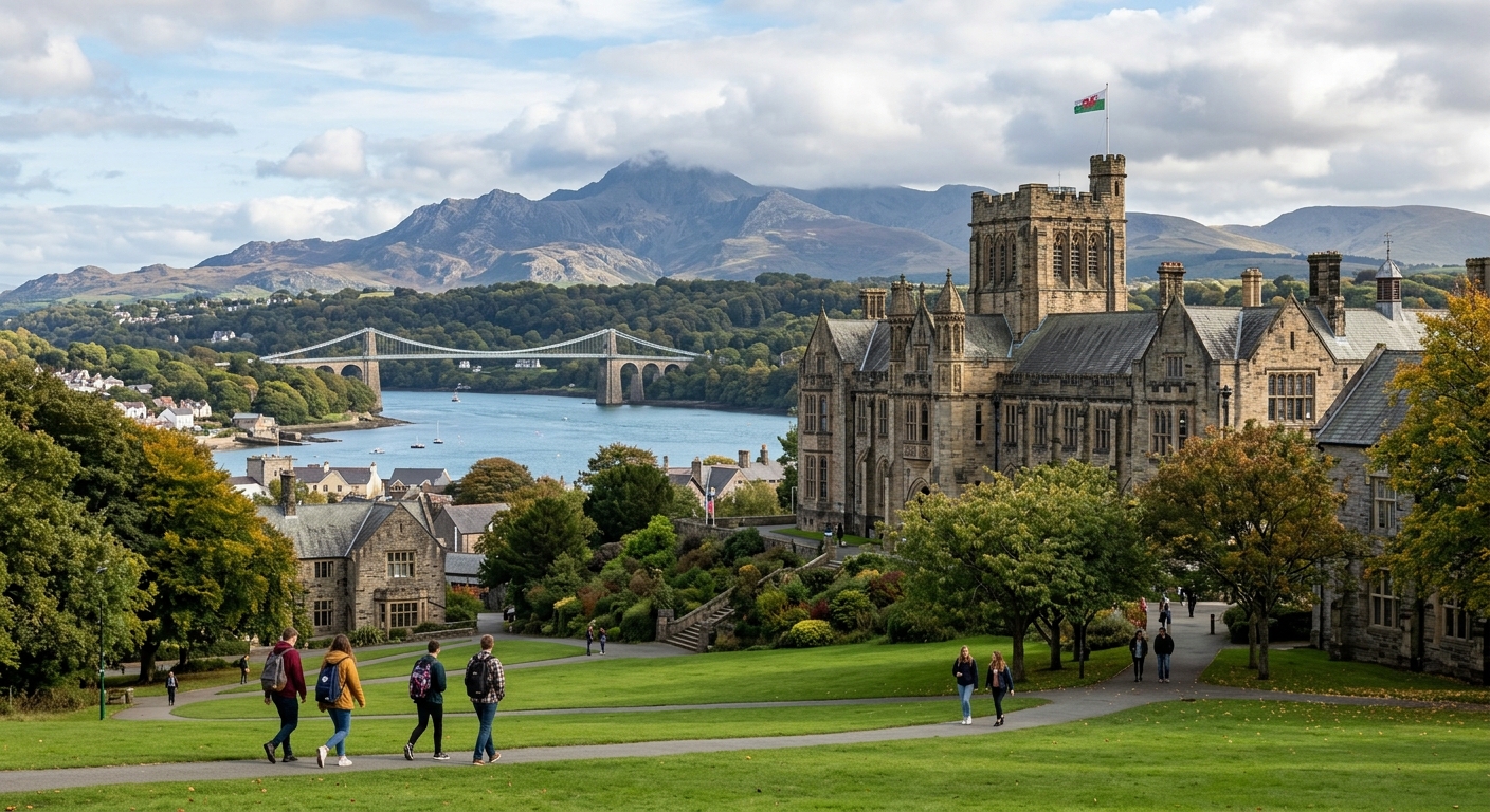 Bangor University campus with historic stone buildings set against the dramatic backdrop of Snowdonia mountains and the Menai Strait, students walking across green lawns in North Wales