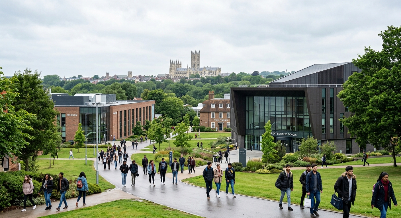 University of Kent Canterbury campus with modern Kent Business School building, green parkland, students walking between lecture halls, Canterbury Cathedral visible in the background, bright overcast English sky