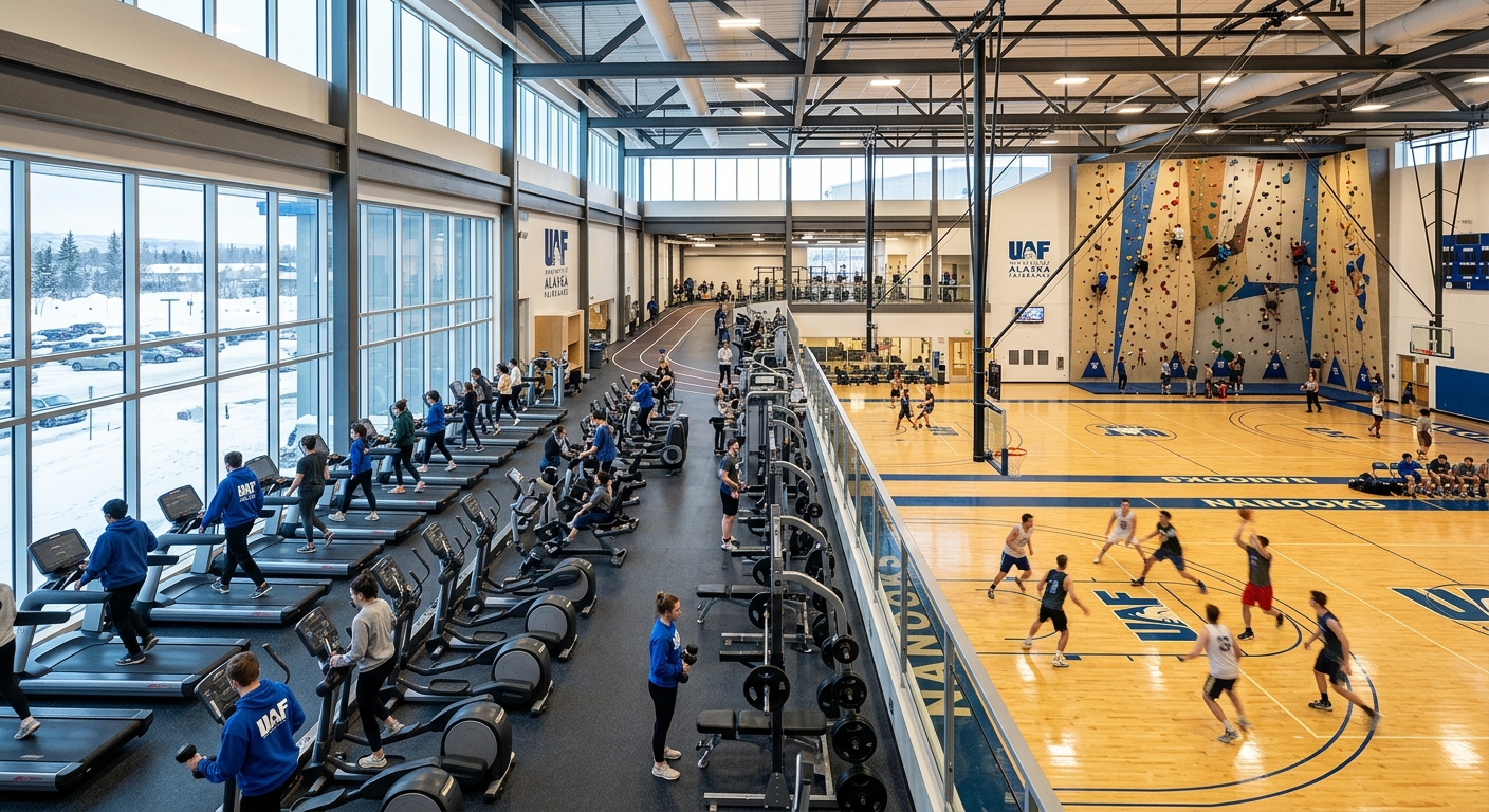 UAF Student Recreation Center interior with students using fitness equipment, basketball courts, and climbing wall in a modern well-lit facility