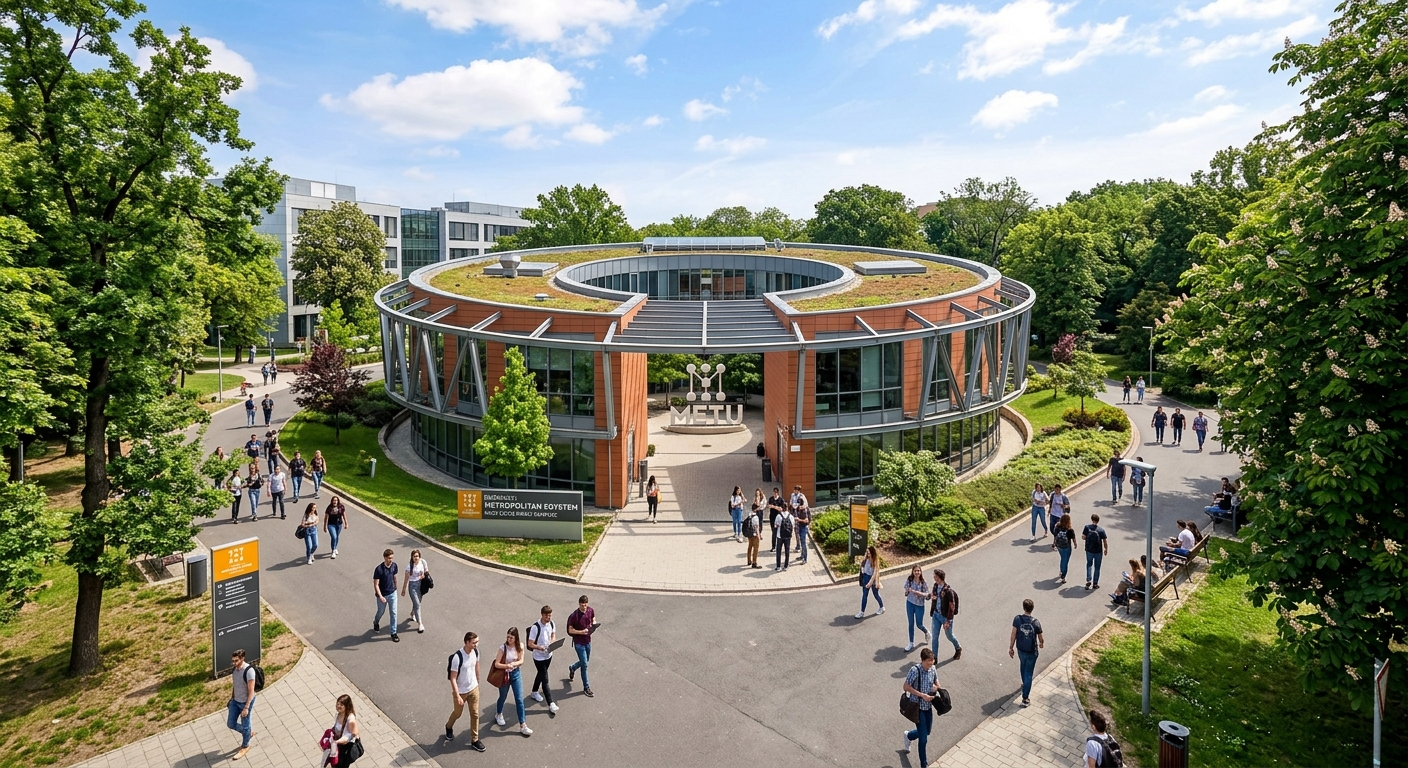 Budapest Metropolitan University Nagy Lajos campus, modern circular lecture building surrounded by trees, students walking on pathways, contemporary Hungarian university architecture, sunny day