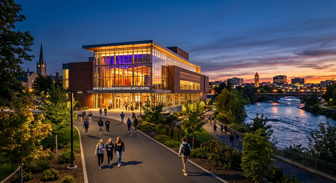 Myrtle Woldson Performing Arts Center at Gonzaga University in Spokane, Washington, with dramatic stage lighting and modern architectural facade, students walking along tree-lined campus paths with the Spokane River visible in the background