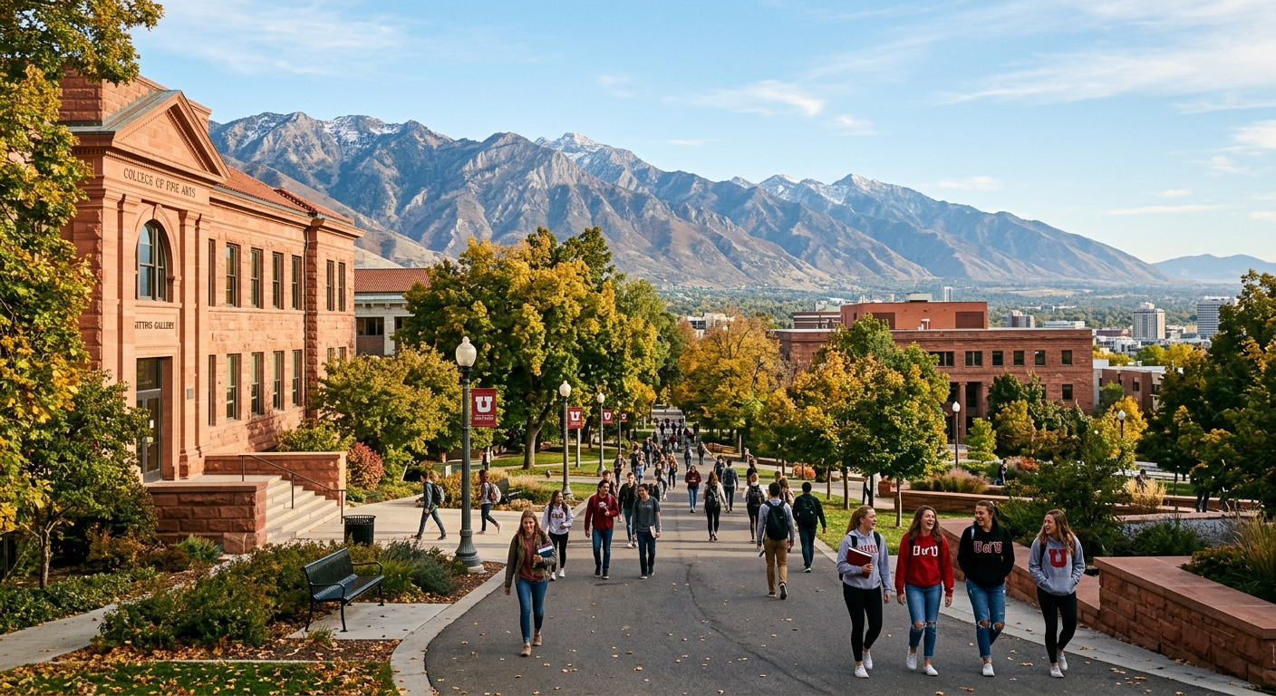 University of Utah campus with red sandstone buildings nestled against the Wasatch Mountains, students walking along tree-lined paths near the College of Fine Arts, clear blue sky above Salt Lake City