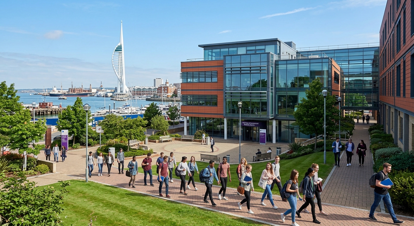 University of Portsmouth campus with modern business school building, students walking through courtyard, historic Portsmouth waterfront visible in background, clear blue sky