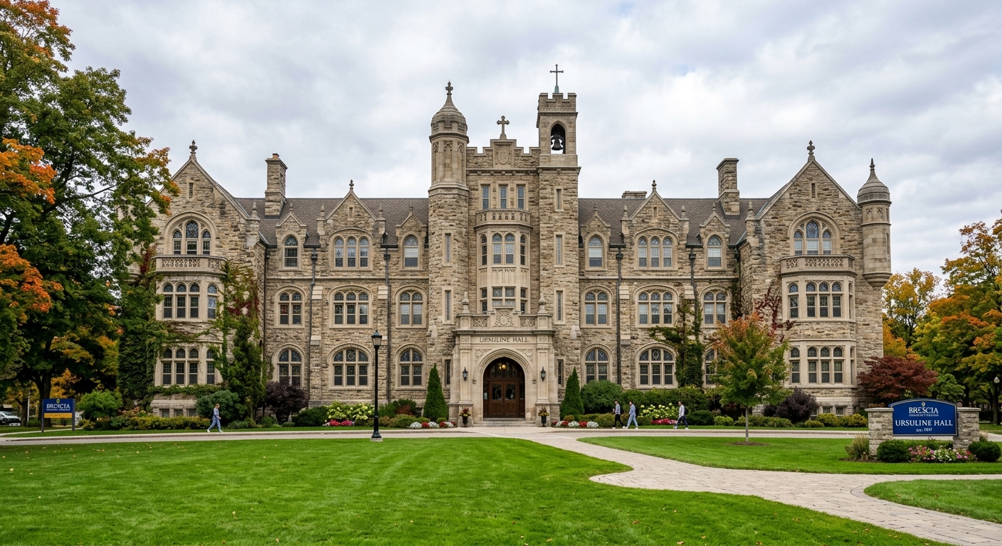 Ursuline Hall historic stone building at Brescia University College, London Ontario, classic collegiate architecture with arched windows, green lawn in foreground, overcast sky