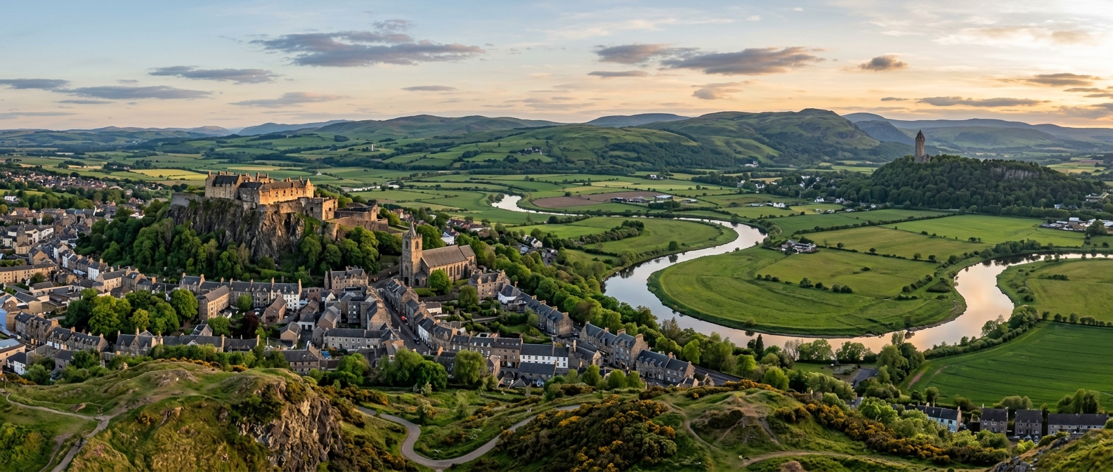 Panoramic view of Stirling city skyline with Stirling Castle on its volcanic crag, the Wallace Monument in the distance, green rolling hills, and the River Forth winding through the valley