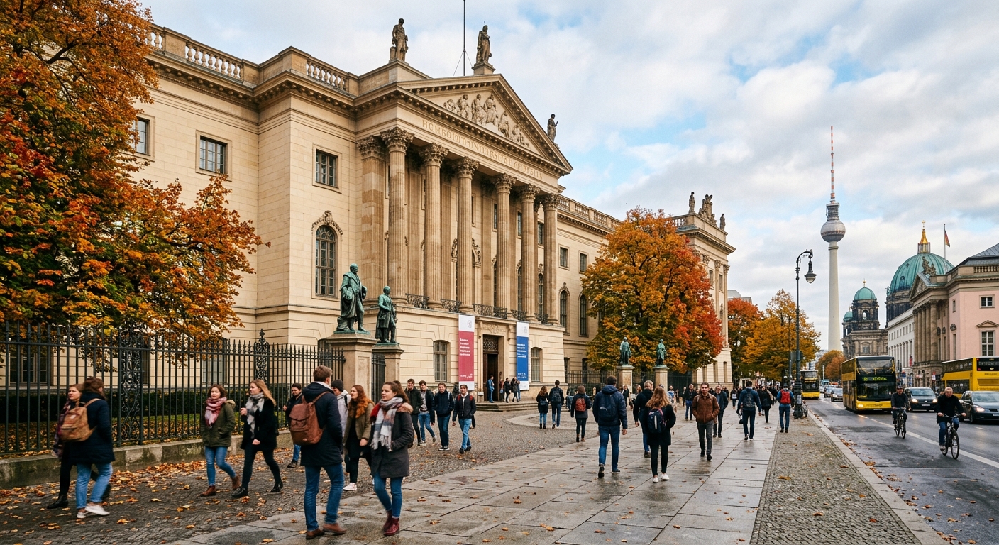 Humboldt University of Berlin historic main building on Unter den Linden street, neoclassical architecture with columns, students walking in front, Berlin cityscape in background, autumn atmosphere