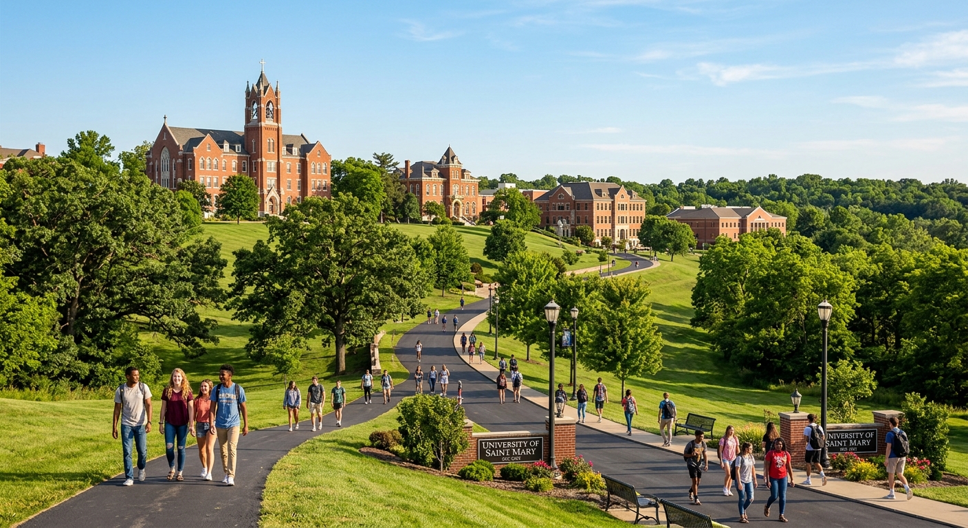 University of Saint Mary campus in Leavenworth Kansas, historic brick buildings on rolling green hills, students walking along tree-lined pathways with a clear blue sky