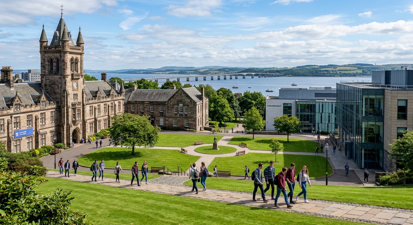 University of Dundee campus with historic stone buildings and modern architecture, students walking across green courtyard, River Tay visible in background, bright Scottish daylight