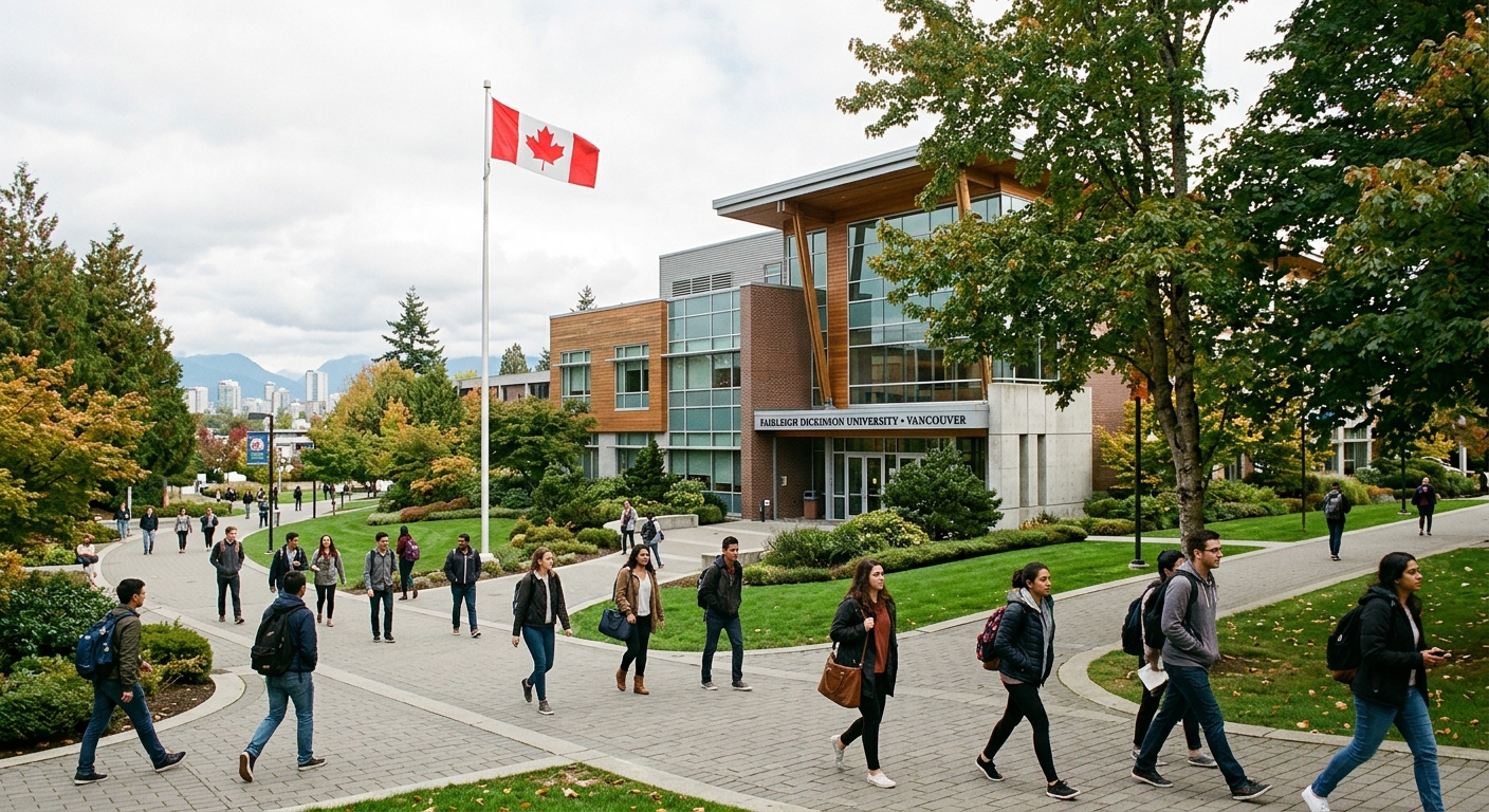 Fairleigh Dickinson University campus building with modern architecture, students walking between classes, green landscaped grounds, Canadian flag visible, bright overcast sky typical of British Columbia