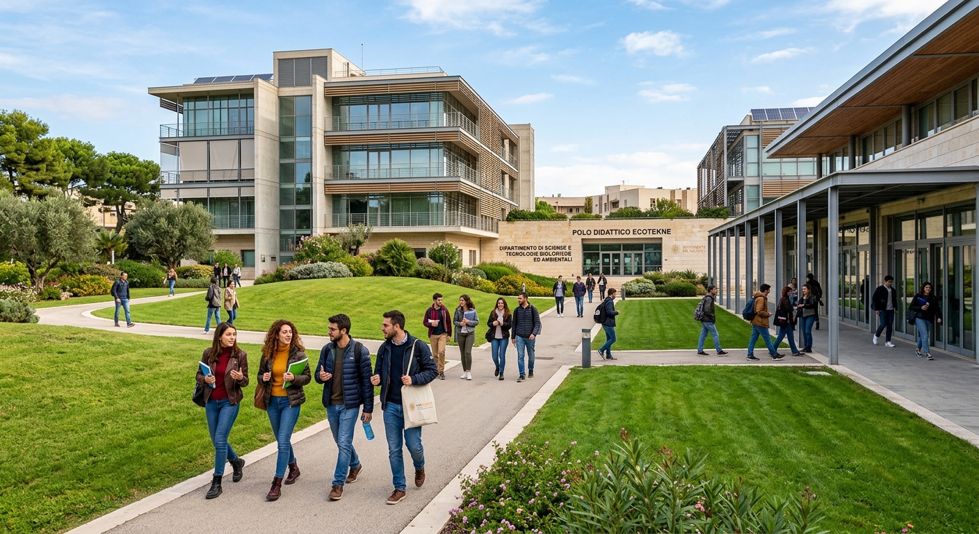 University of Salento Ecotekne campus modern buildings, green lawns, students walking between lecture halls, contemporary Italian university architecture