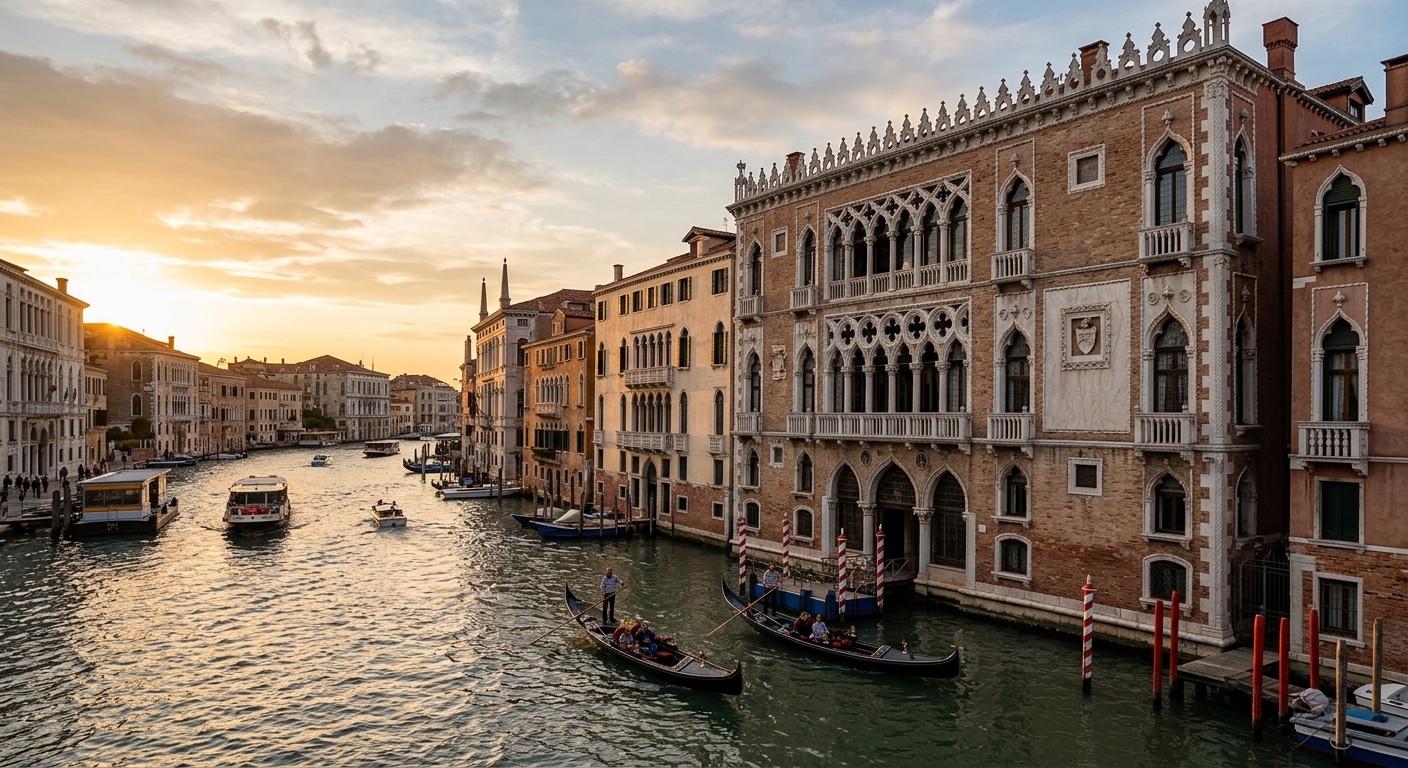 Ca' Foscari University of Venice main Gothic palace on the Grand Canal, historic Dorsoduro district, Venetian architecture with pointed arches and ornate windows, gondolas passing on the water, warm golden hour light