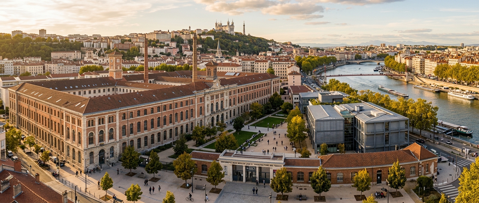 Panoramic view of Jean Moulin Lyon 3 University Manufacture des Tabacs campus, historic industrial building converted into modern university, warm afternoon light, Lyon cityscape with Rhône River in background