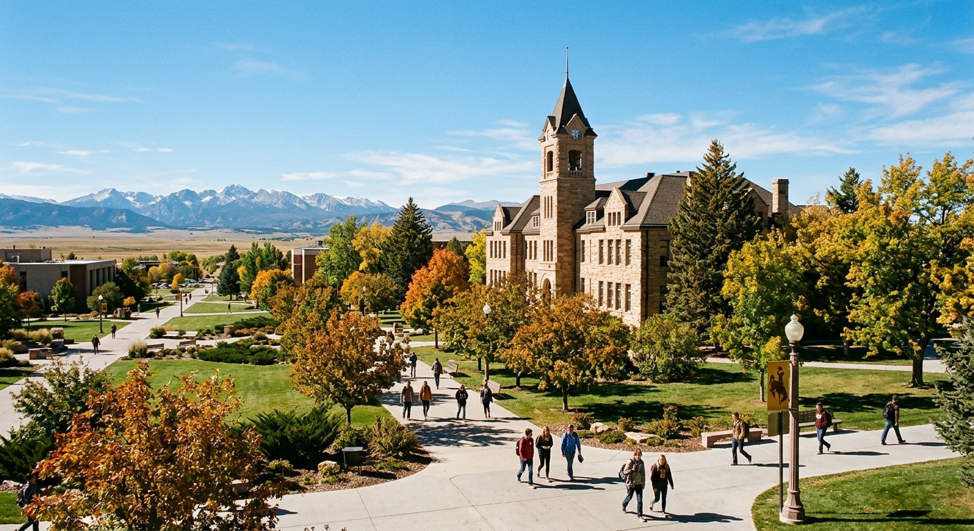 University of Wyoming campus in Laramie with the Arts and Sciences Building, wide open plains and distant Rocky Mountain peaks under a clear blue sky, students walking along tree-lined paths