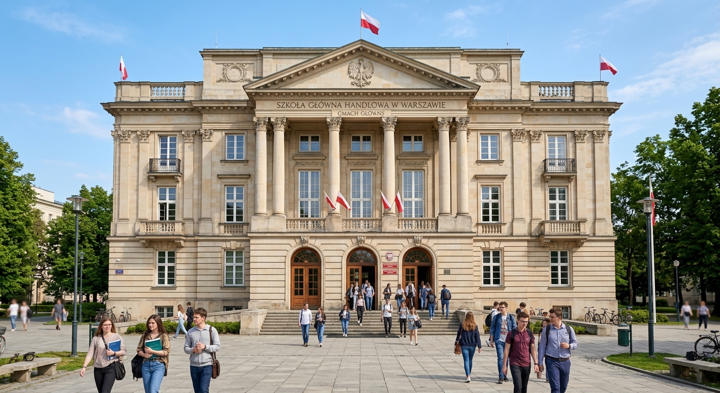 SGH Warsaw School of Economics main building, historic interwar symmetrical stone facade with columns, students walking through the entrance, Polish flags, sunny day