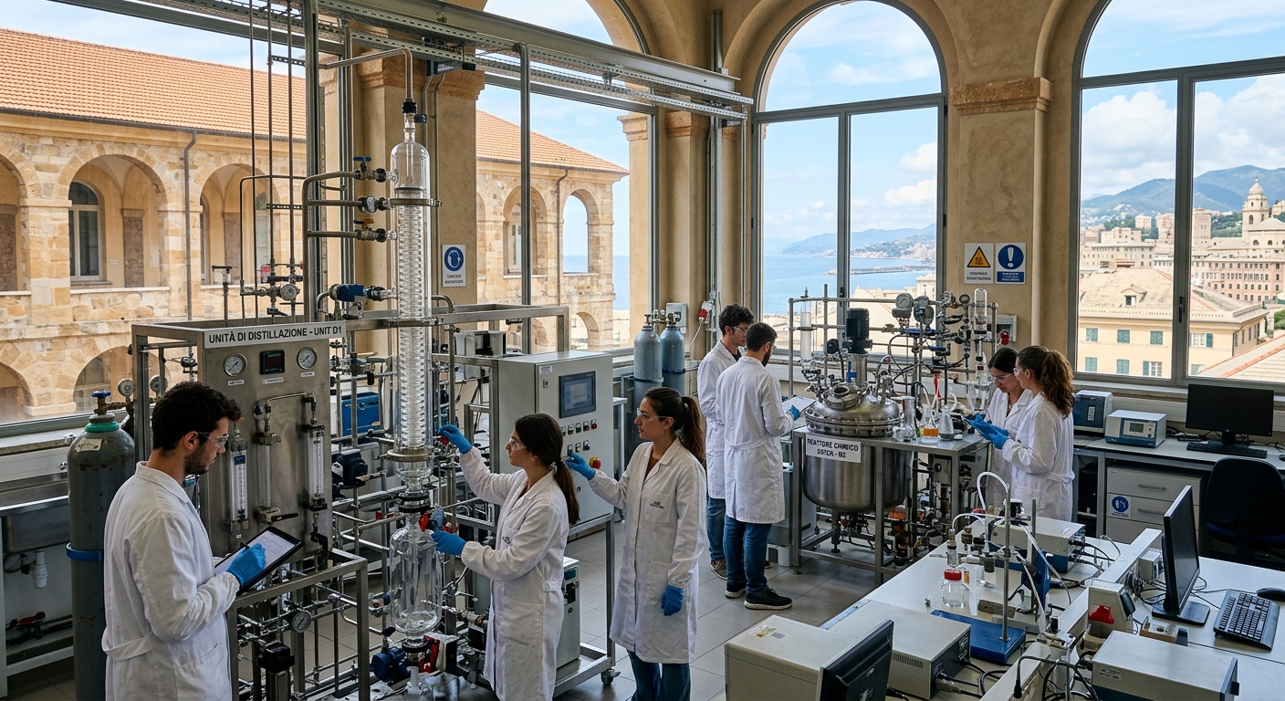Modern chemical engineering laboratory at University of Genoa with students working on process equipment, industrial reactors and distillation columns visible, Mediterranean-style campus building in Genoa Italy with bright natural light