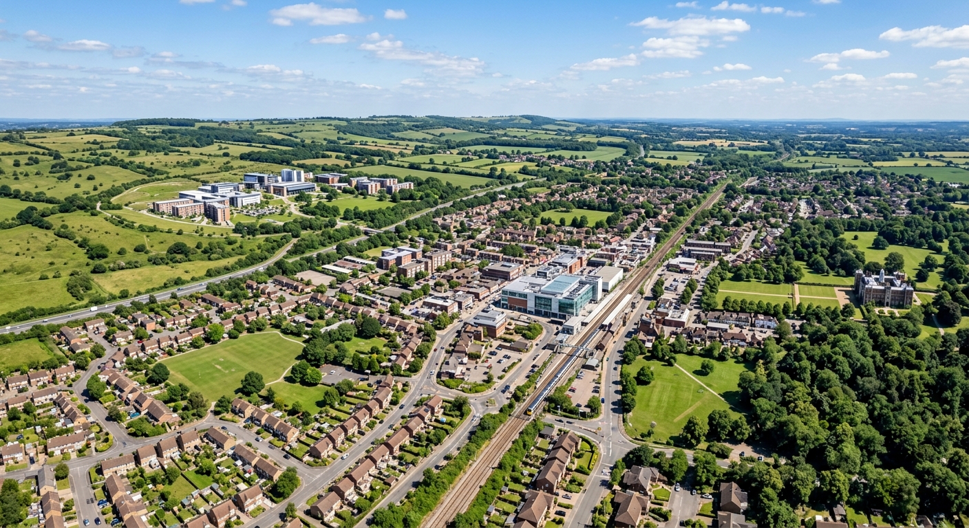 Aerial view of Hatfield town centre and surrounding Hertfordshire countryside, green parks, residential areas, railway station, and modern university buildings visible in the distance