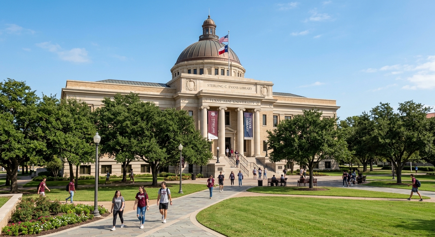 Sterling C. Evans Library at Texas A&M University, a grand building with classical architecture surrounded by mature trees and walking paths on a sunny day