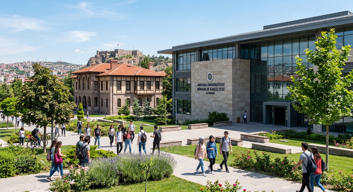 Modern university campus building in central Ankara Turkey with students walking near historic architecture, clear sky, and green landscaping in the Altindag district