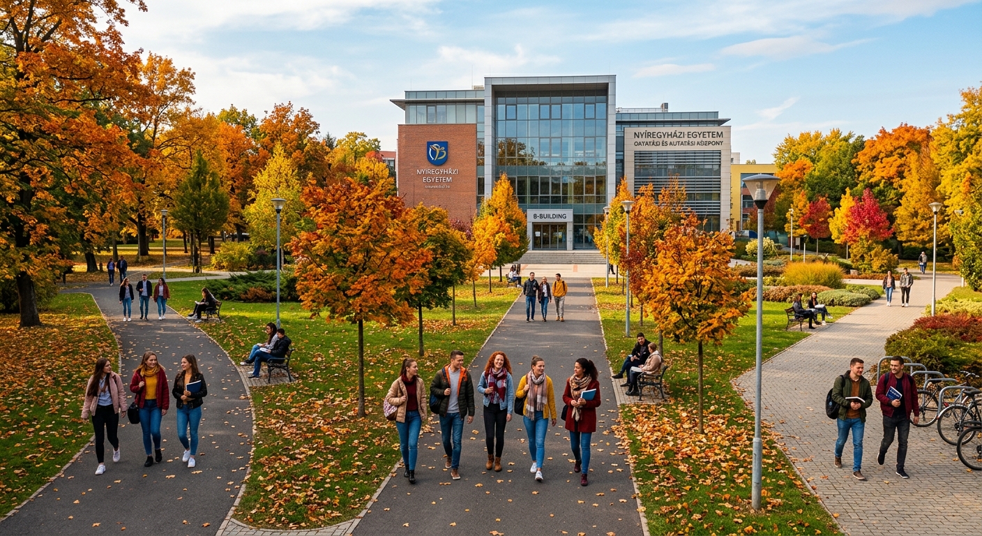 University of Nyíregyháza campus building surrounded by green parkland, students walking along tree-lined paths, modern educational facilities in Nyíregyháza, Hungary, with a warm autumn atmosphere