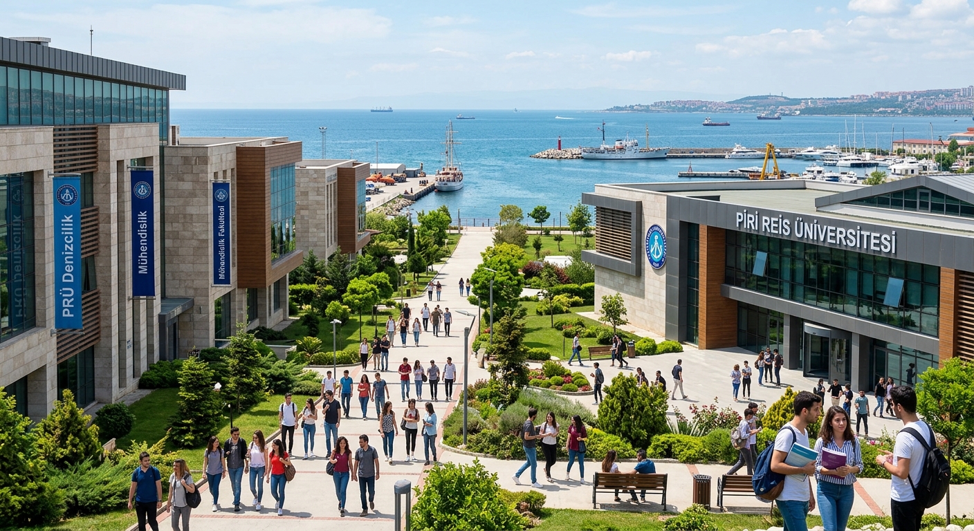 Modern university campus building at Piri Reis University in Tuzla Istanbul with Marmara Sea coastline visible, students walking between academic blocks, green campus environment with maritime training facilities
