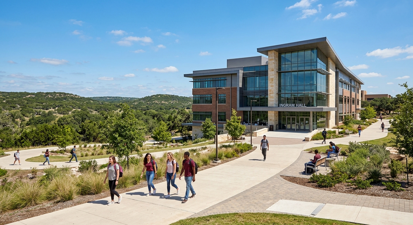 Modern engineering building at Texas State University in San Marcos with students walking on campus paths, Texas Hill Country landscape in background, clear blue sky, Ingram Hall visible with contemporary architecture