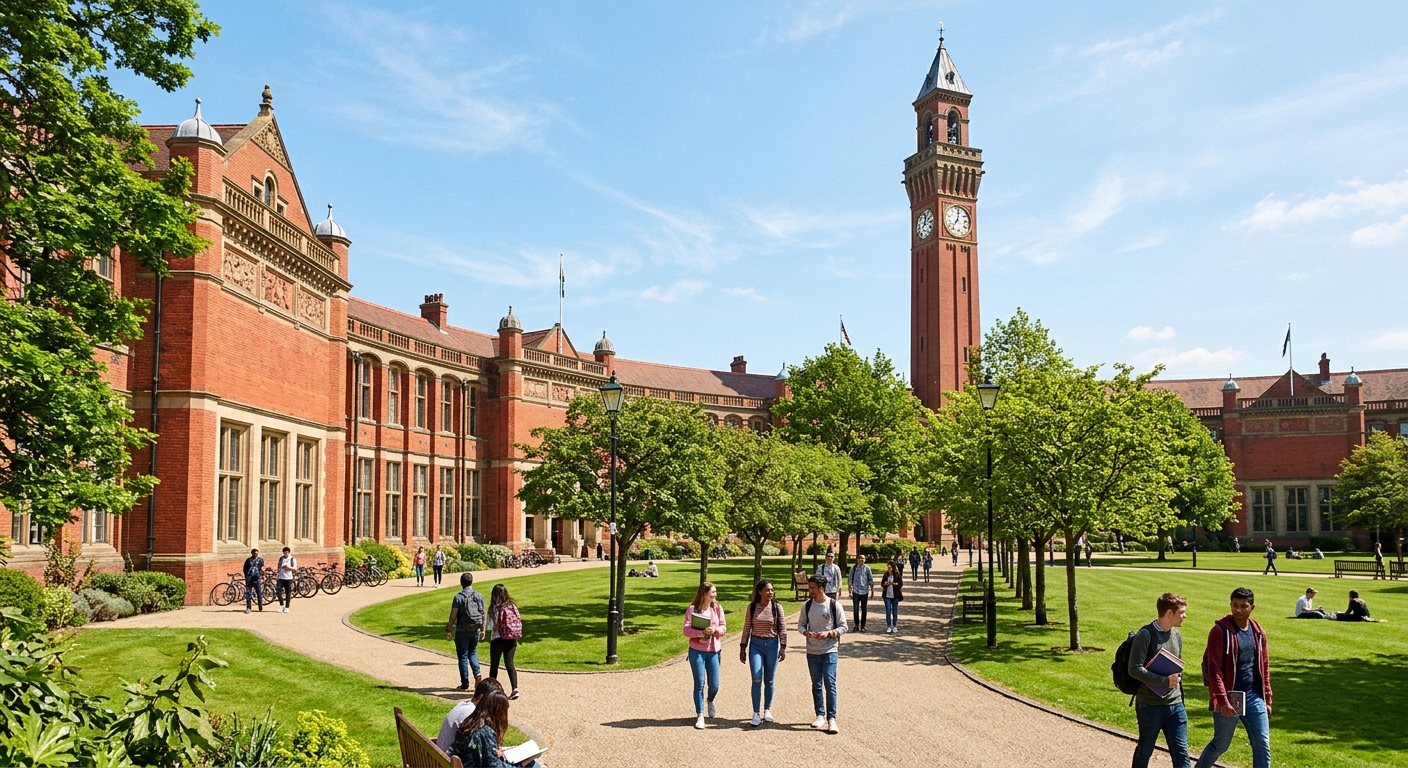 University of Birmingham red brick campus with iconic Chamberlain clock tower, green lawns, students walking along tree-lined paths, bright sunny day in Birmingham England