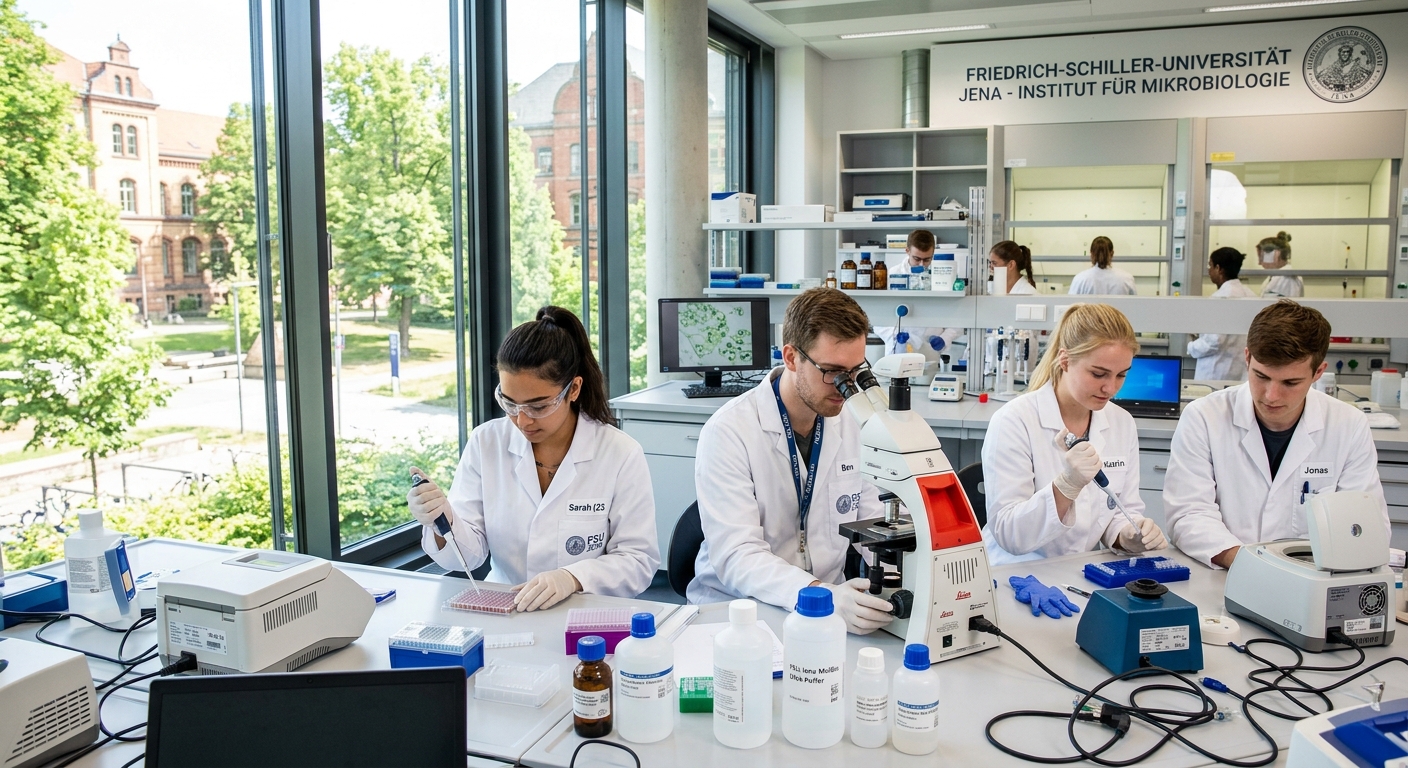 Modern biology laboratory at Friedrich Schiller University Jena with students conducting molecular research using microscopes and pipettes, bright natural light streaming through large windows, green campus visible outside