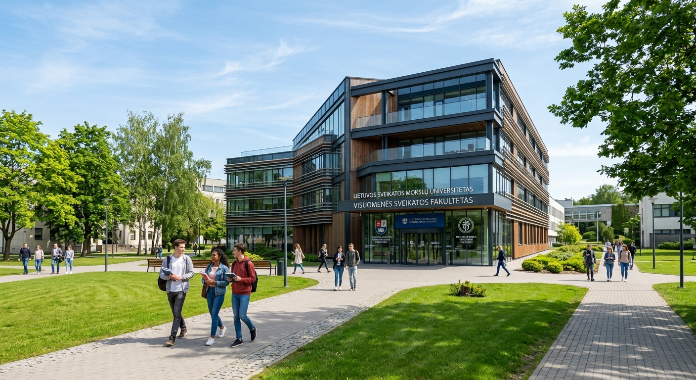 Modern university campus building of the Lithuanian University of Health Sciences in Kaunas, Lithuania, with green lawns, students walking along pathways, and the Faculty of Public Health entrance visible under a clear Baltic sky