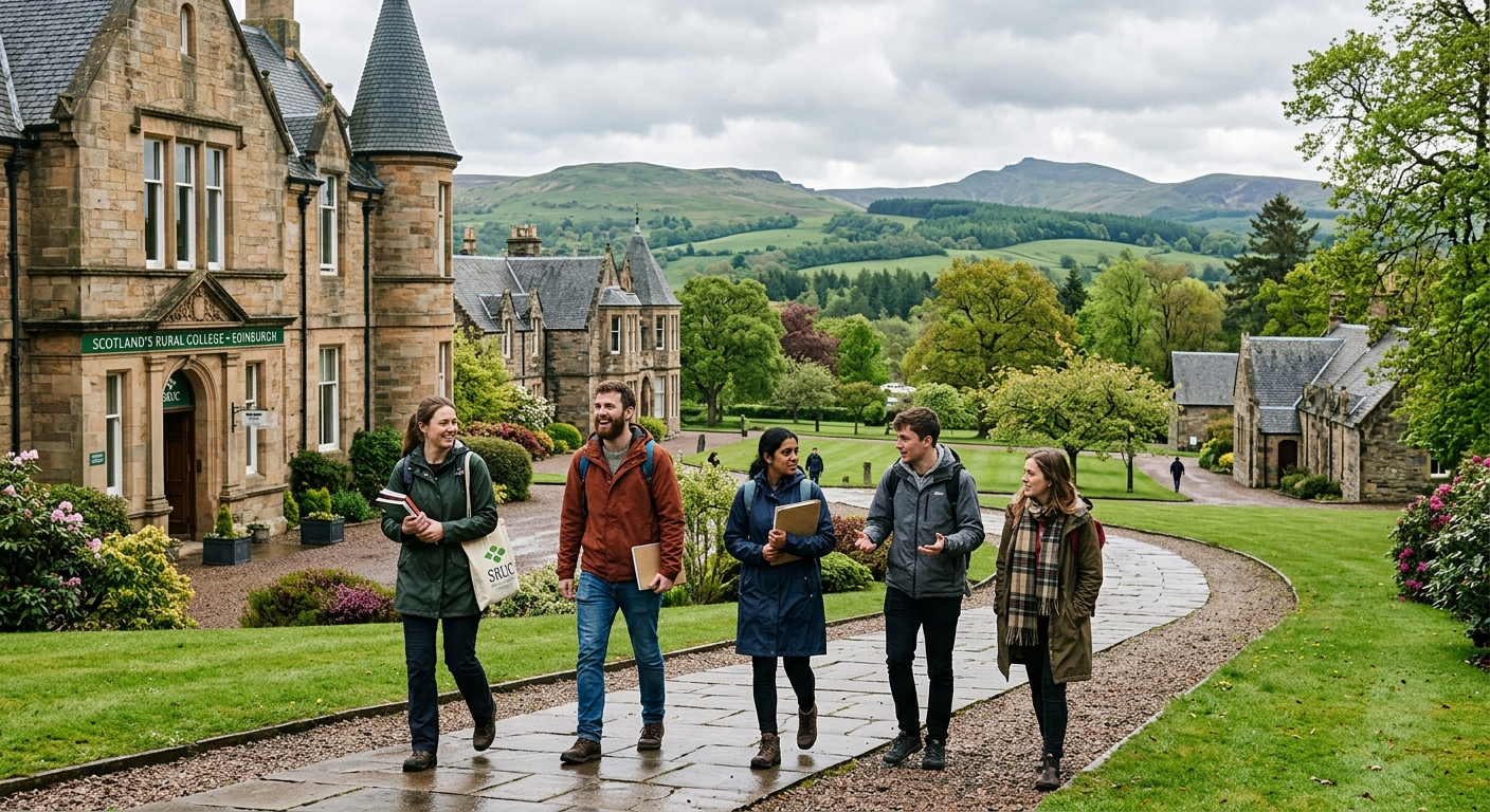 Scotland's Rural College Edinburgh campus with historic stone buildings, green Scottish landscape in background, postgraduate students walking through campus grounds under overcast sky